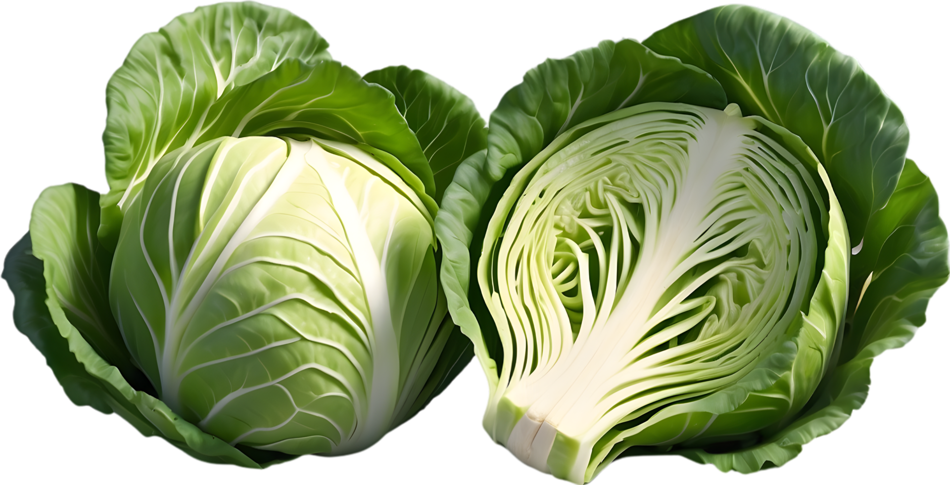 AI generated two green cabbage heads on a transparent background