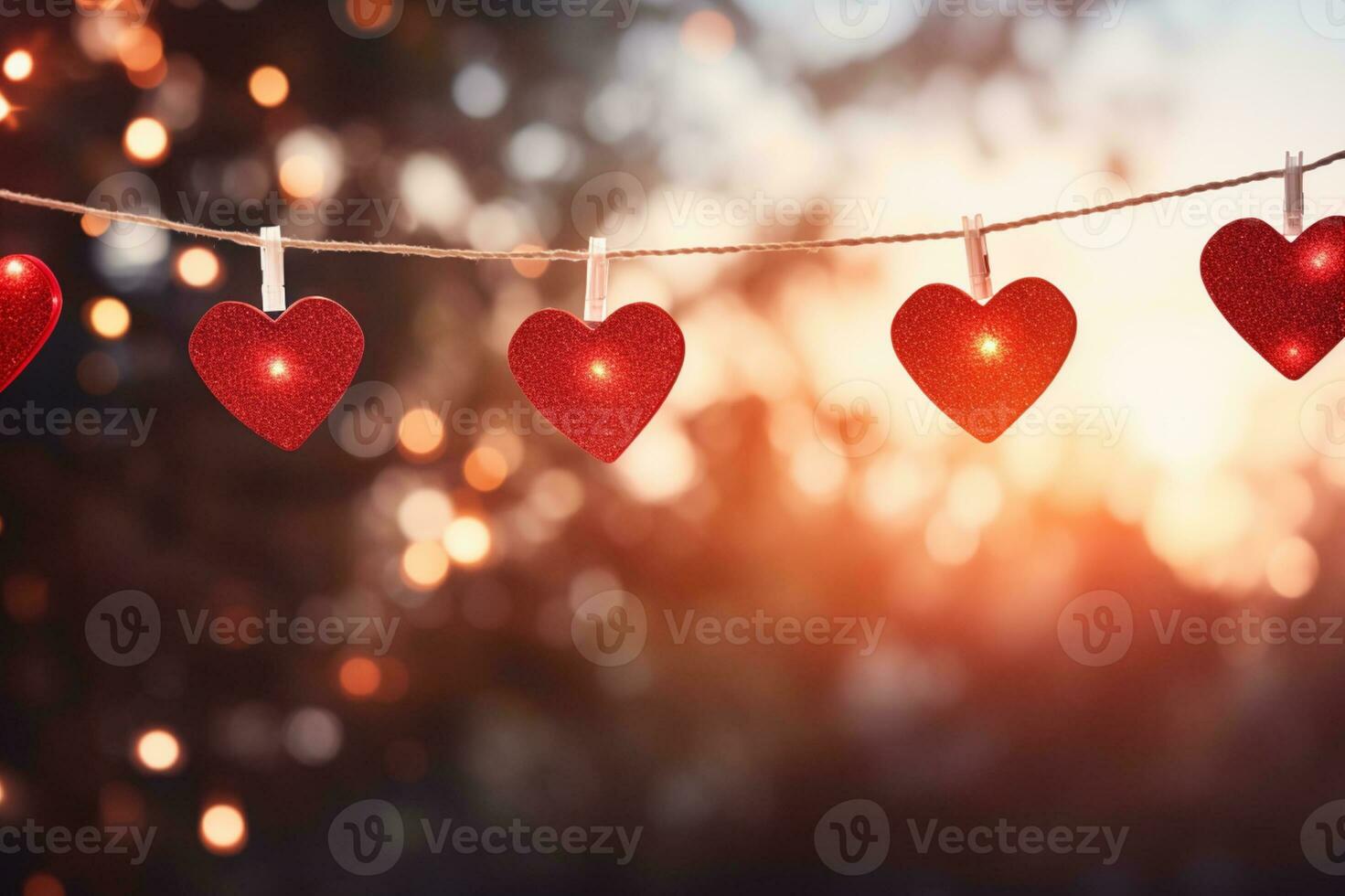 AI generated Valentine day love beautiful hearts hanging on branch of tree photo