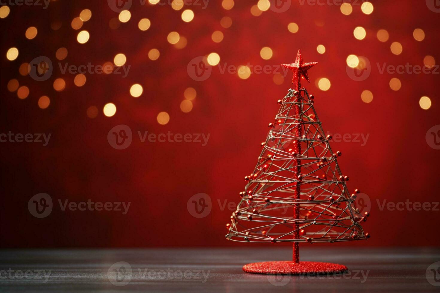 AI generated Red Christmas tree made up with paper clip and wire bokeh blurred background copy space photo