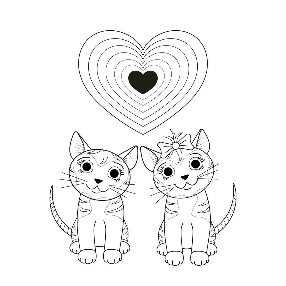 Cat vector illustration. Black and white linear image. The illustration is done by hand in a cartoon style. Concept for greeting cards, coloring pages.