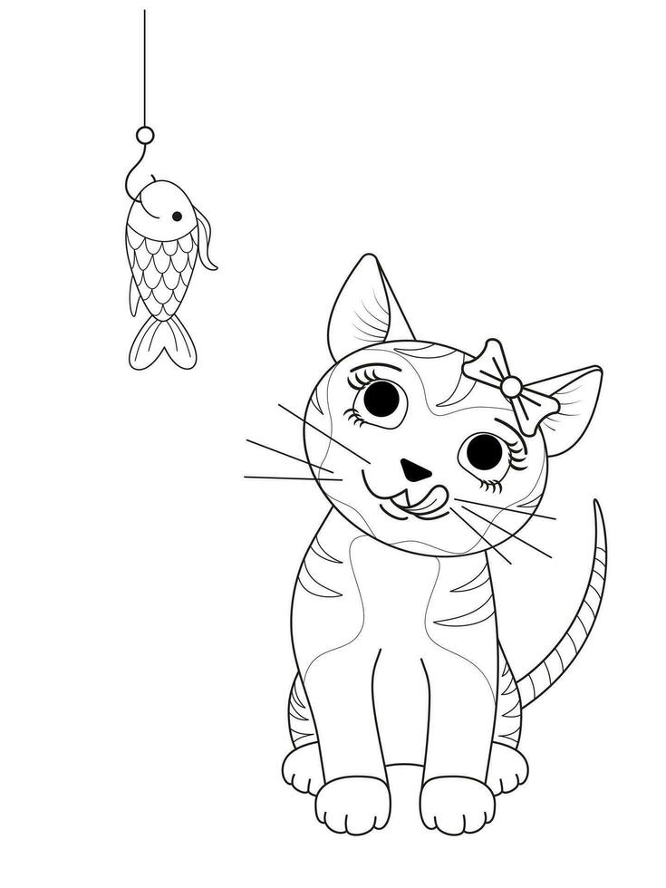 A funny cute cat licks his lips when he sees a fish on a hook. Black and white linear image. The illustration is done by hand in a cartoon style. Concept for greeting cards, coloring pages. vector