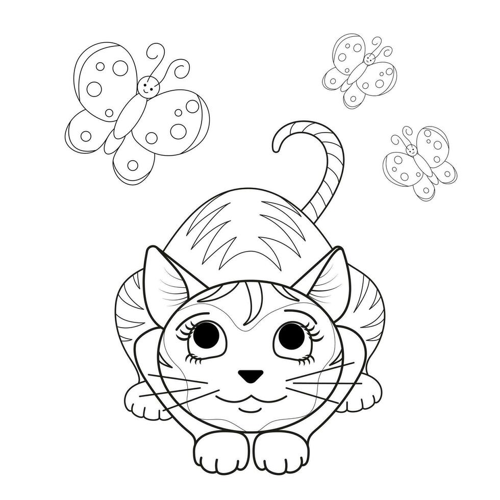 Funny cute cat watches butterflies. Black and white linear image. The illustration is done by hand in a cartoon style. Concept for greeting cards, coloring pages. vector