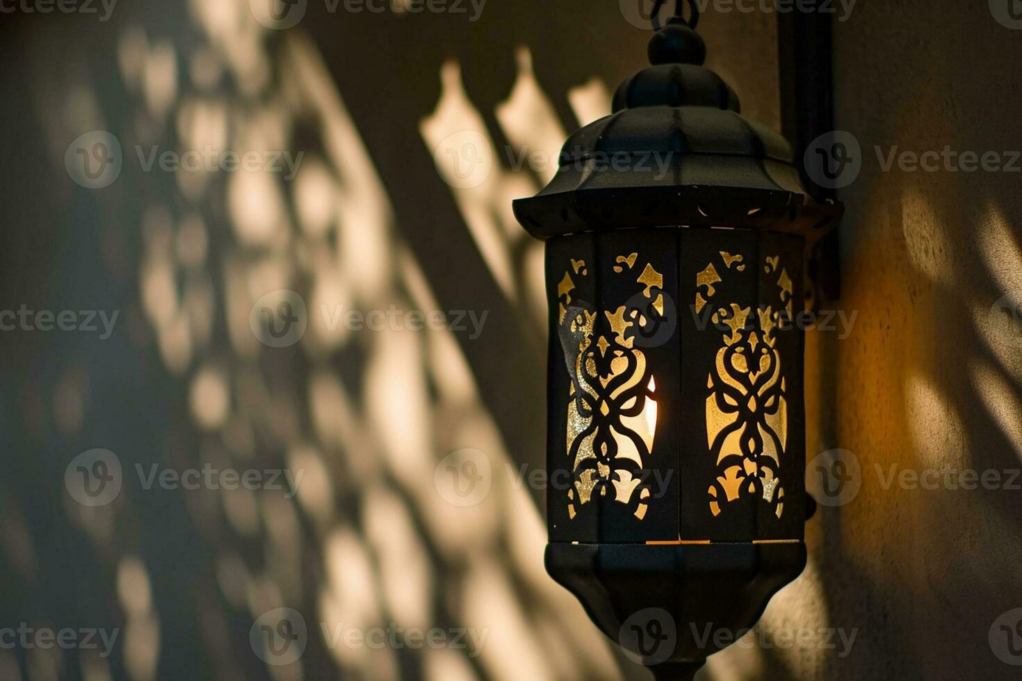 AI generated Ornamental Arabic lantern with burning candle glowing at night invitation for Muslim holy month Ramadan Kareem photo
