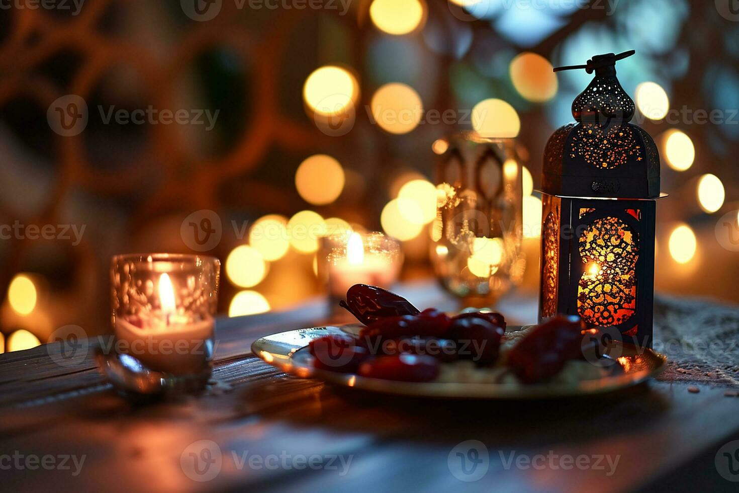 AI generated Ornamental Arabic lantern Plate with date fruit on the table Ramadan Kareem. Iftar dinner background. photo
