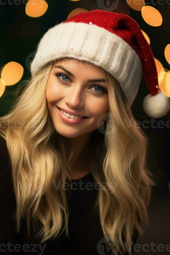 AI Generated Beautiful blonde model woman wearing Santa hat. Christmas mood, lights at the background. AI Generated photo