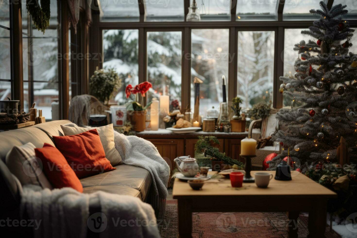 AI Generated Patio or veranda decorated for Christmas season. Xmas tree. Snow outside of the window. AI generated photo
