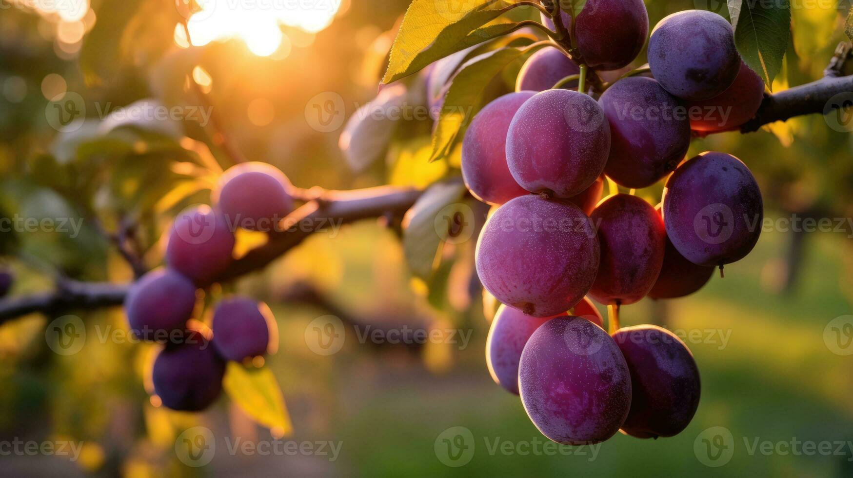 Plums in garden at sunset. Agriculture harvesting. Fruits in orchard. Golden hour. AI Generated photo