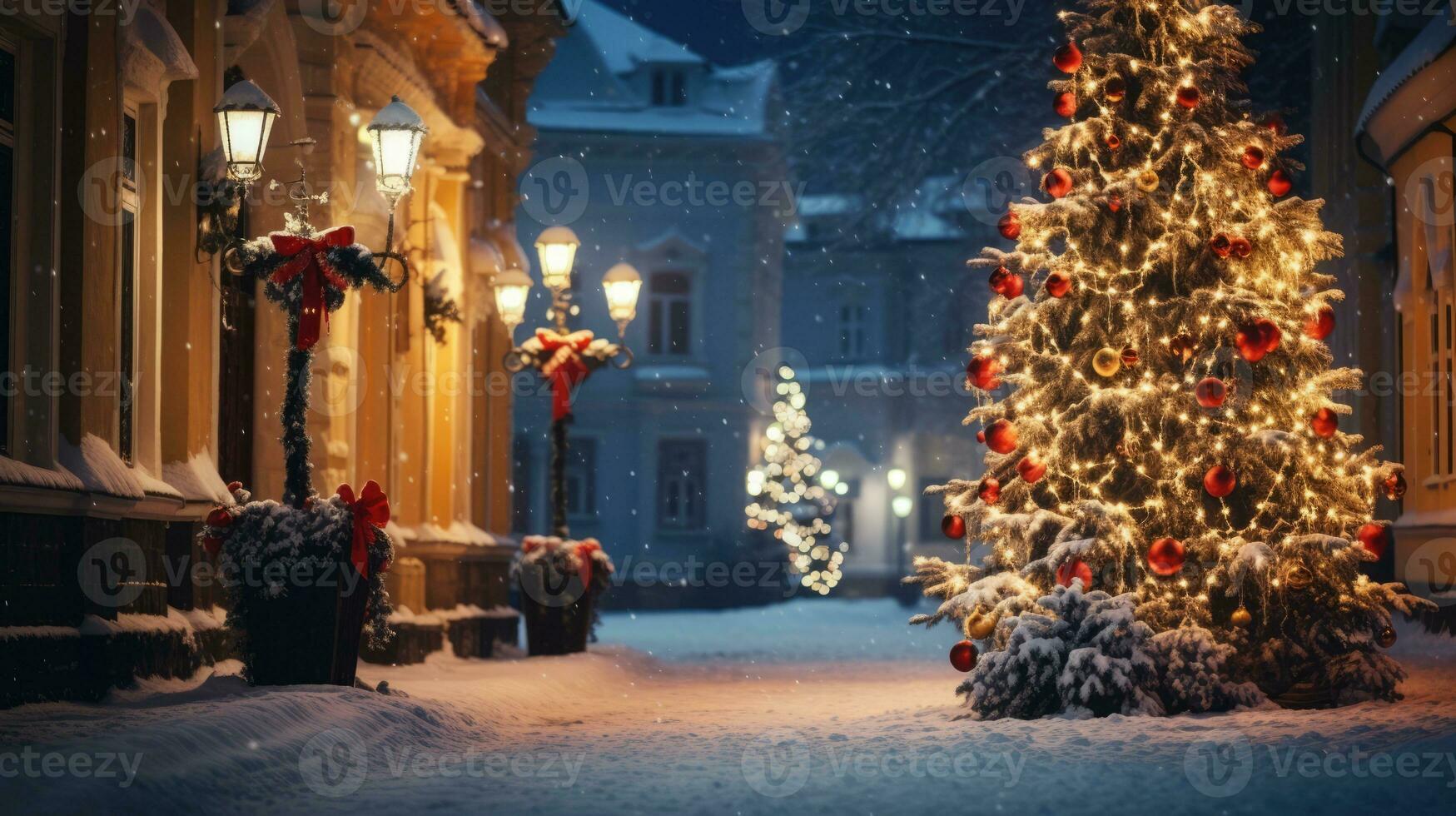 Illuminated Christmas tree in the street of an old town. Snowy night. New Year ambience. AI Generated photo