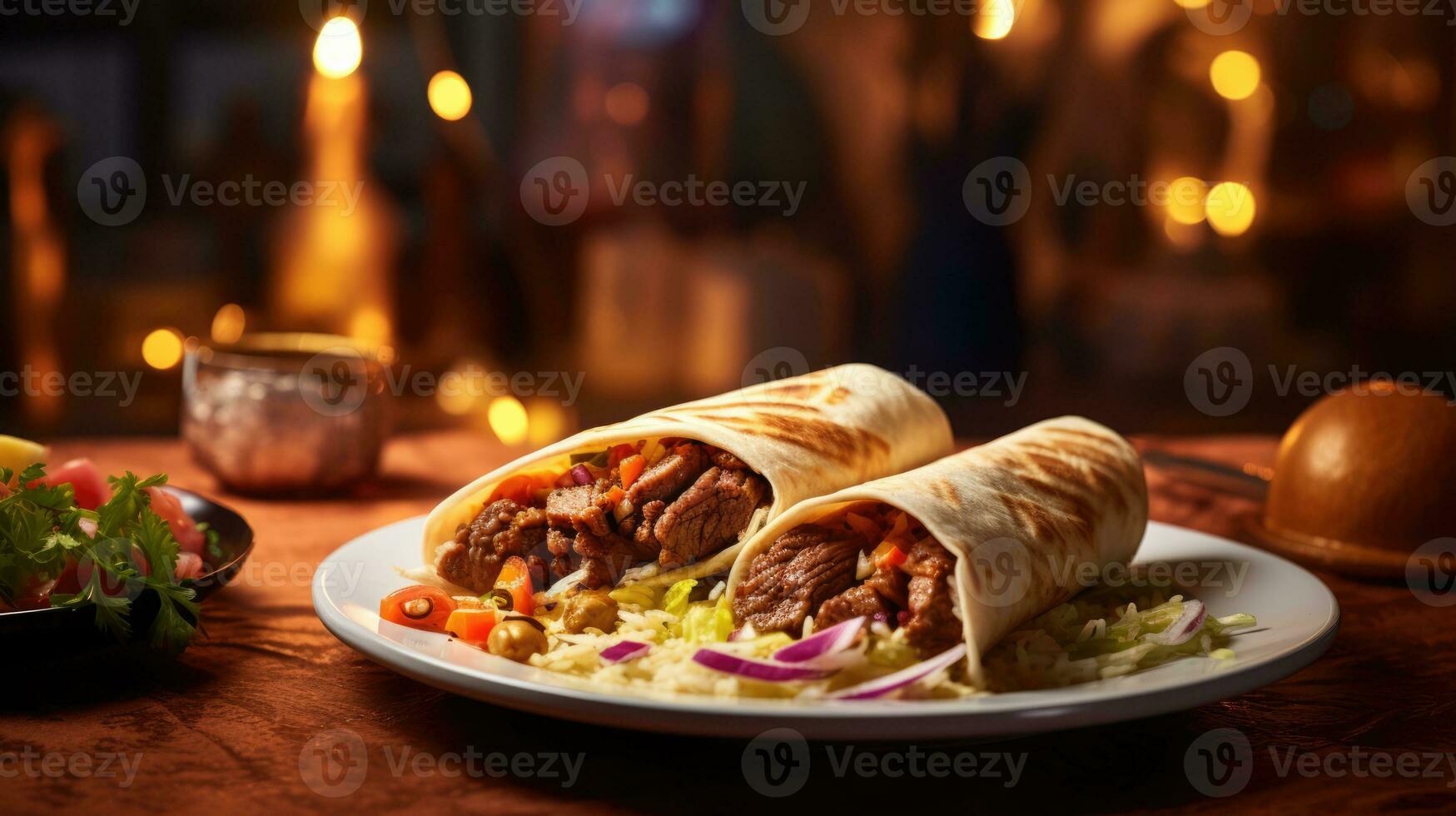 ai generado shawarma sándwich, Fresco pollo carne de vaca rollo. brocheta en el mesa. ai generado foto