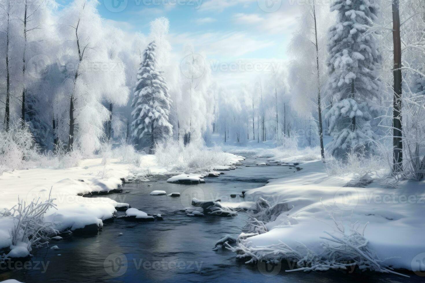 Beautiful winter scene. River and trees covered with snow. AI Generated photo