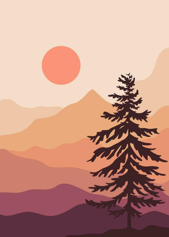 nature landscape background.wall art vector. Foliage line art drawing with abstract shape.Plant Art design for print vector