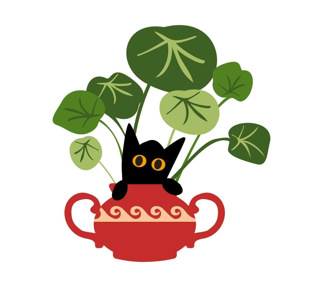 A cheerful black cat hid in a pot with a houseplant. Playing kitten. vector