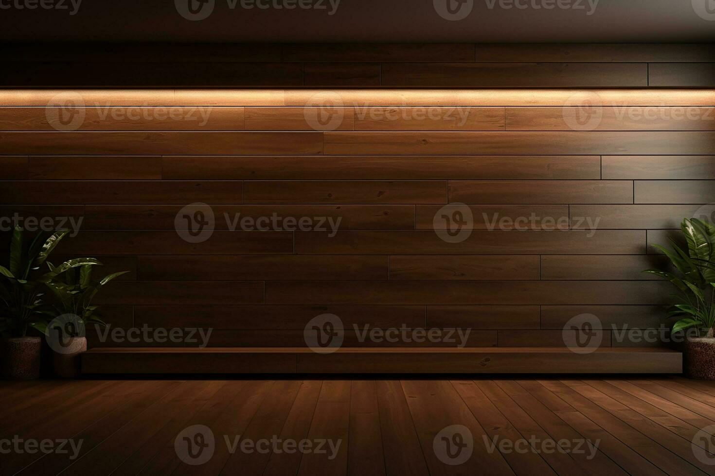 AI generated 3d rendered empty wooden room with lights and copy space photo