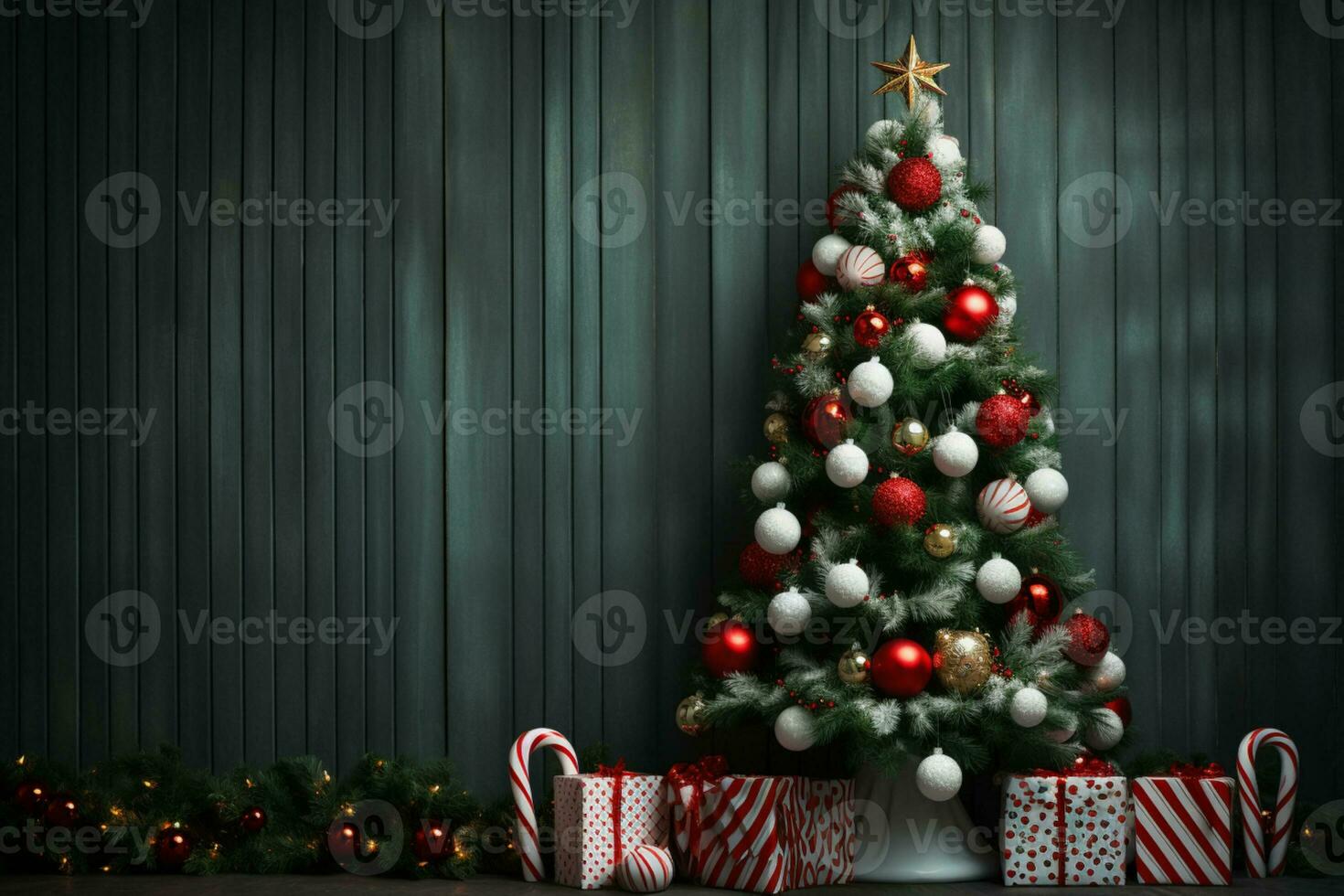 AI generated Decorated Christmas tree with copyspace photo