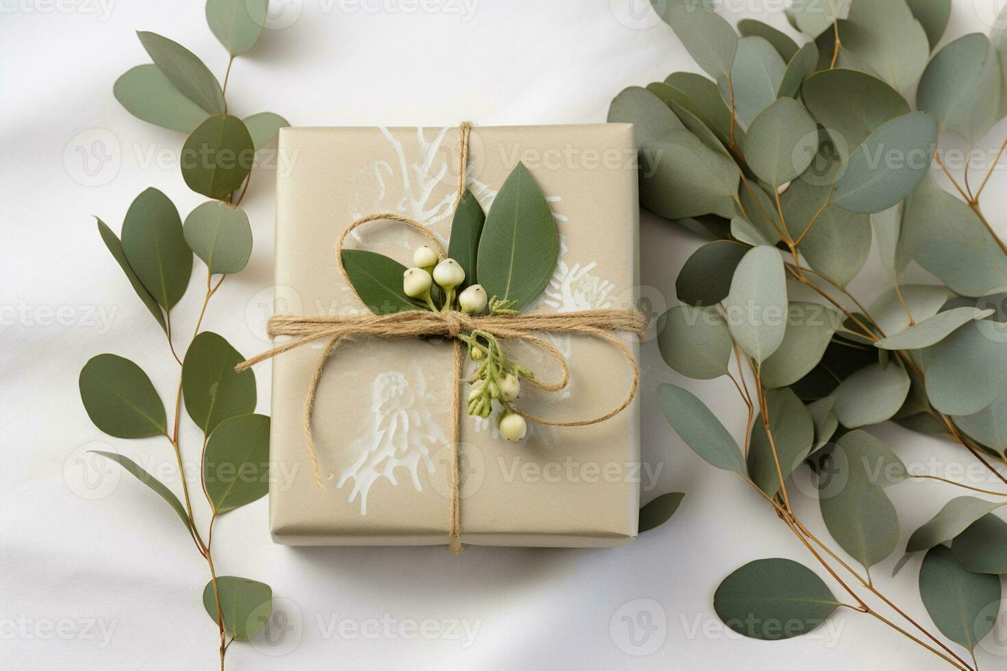 AI generated Stylish Christmas gift box wrapped and decorated in natural materials recycled paper jute rope and fir tree branches photo
