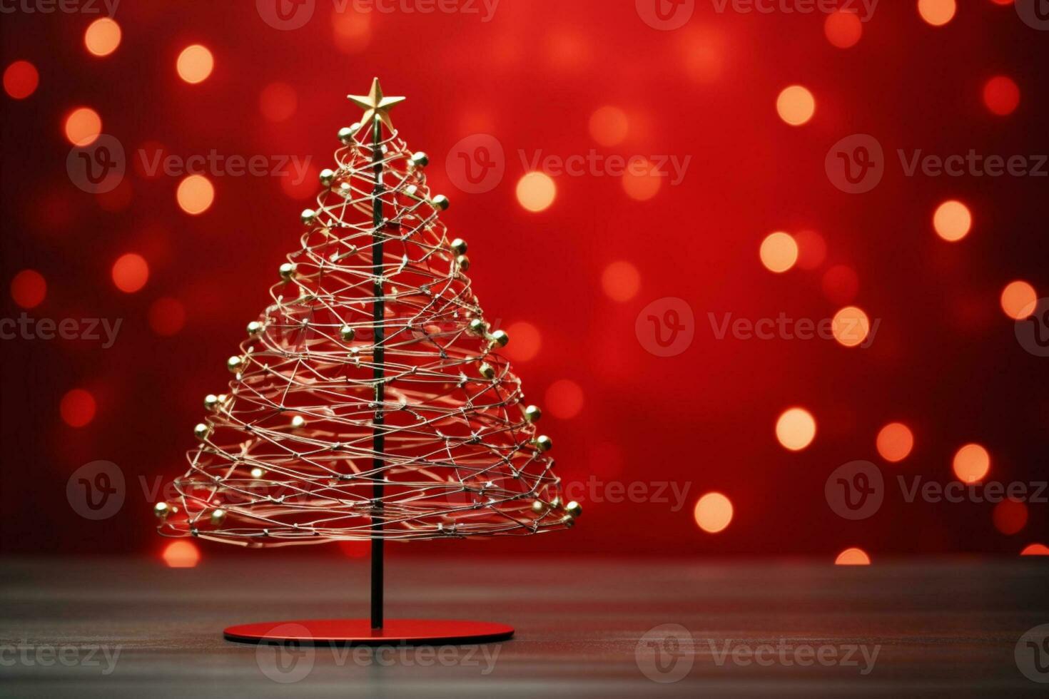 AI generated Red Christmas tree made up with paper clip and wire bokeh blurred background copy space photo