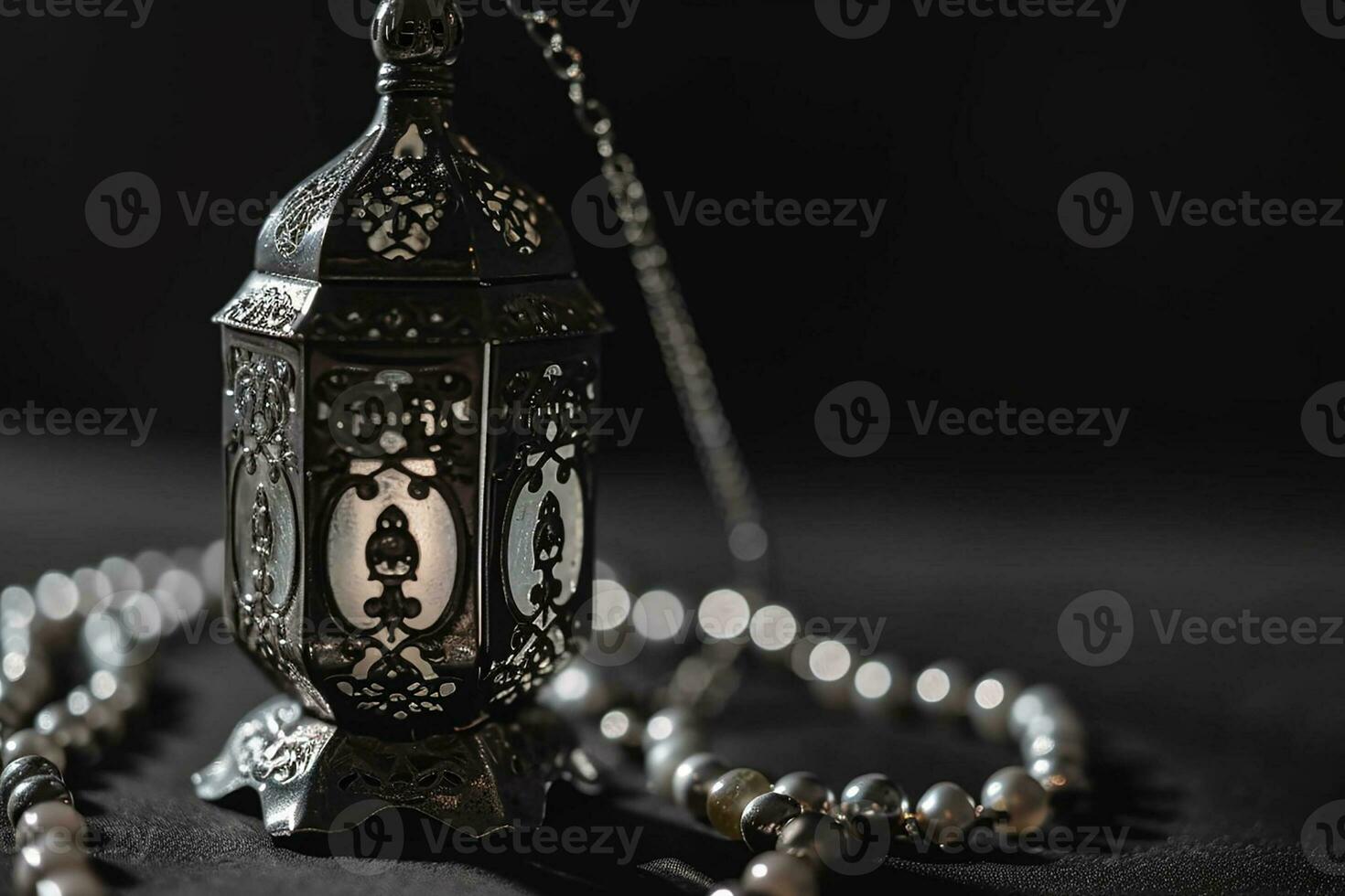 AI generated Ornamental Arabic lantern with burning candle glowing at night invitation for Muslim holy month Ramadan Kareem photo