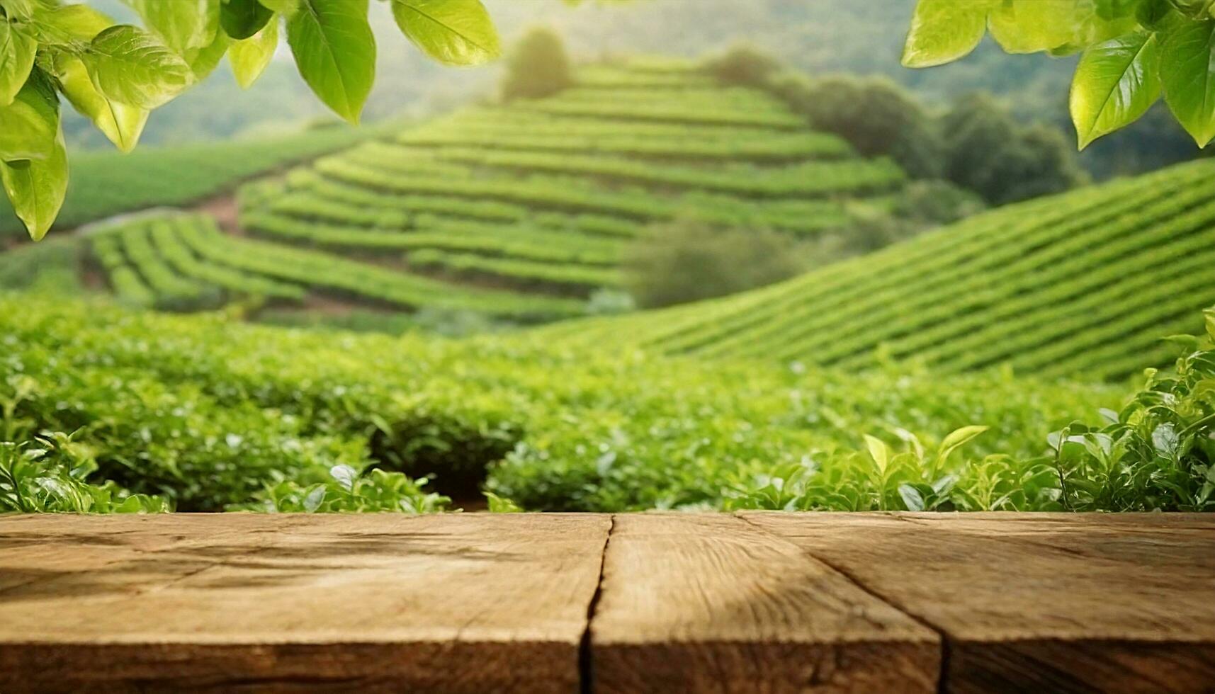 Empty wooden table or wooden desk on nature background of green leaves and tea plantation photo