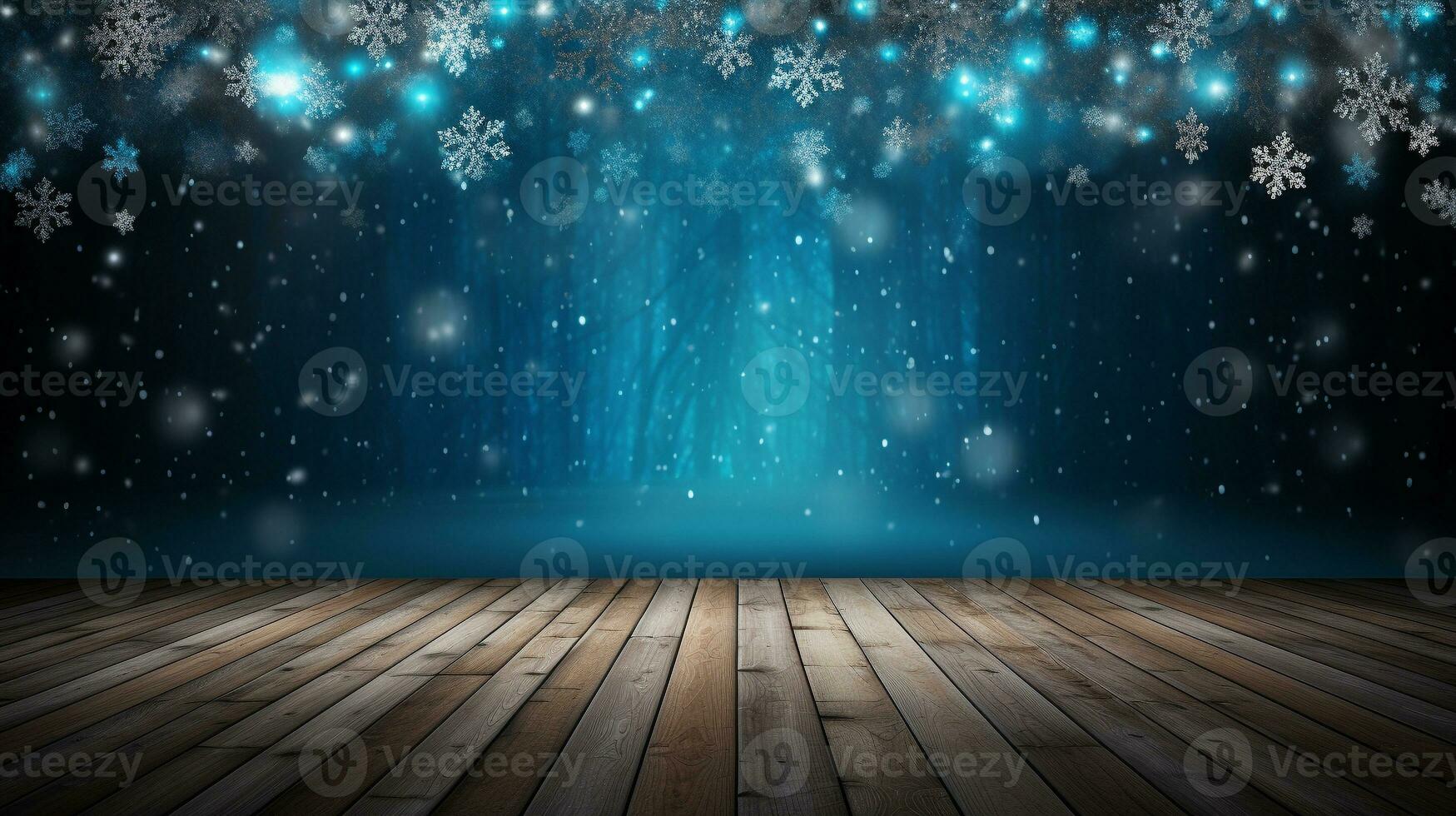 AI generated Merry christmas and happy new year greeting background with table. Winter landscape with snowflakes. Copyspace for text photo