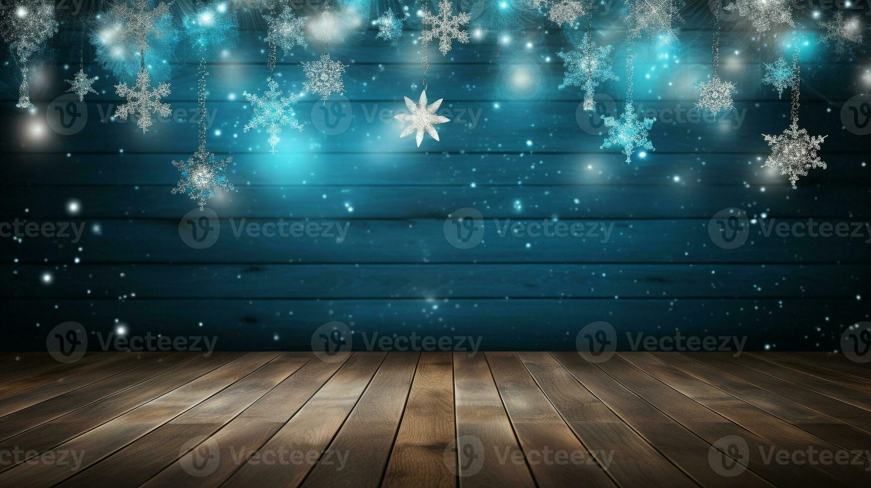 AI generated Merry christmas and happy new year greeting background with table. Winter landscape with snowflakes. Copyspace for text photo