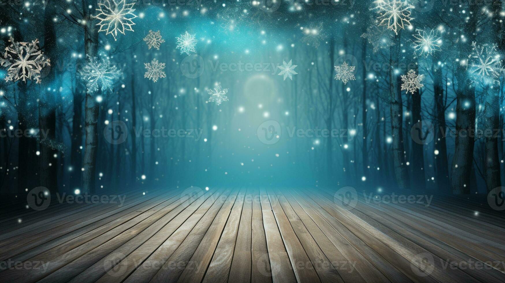 AI generated Merry christmas and happy new year greeting background with table. Winter landscape with snowflakes. Copyspace for text photo