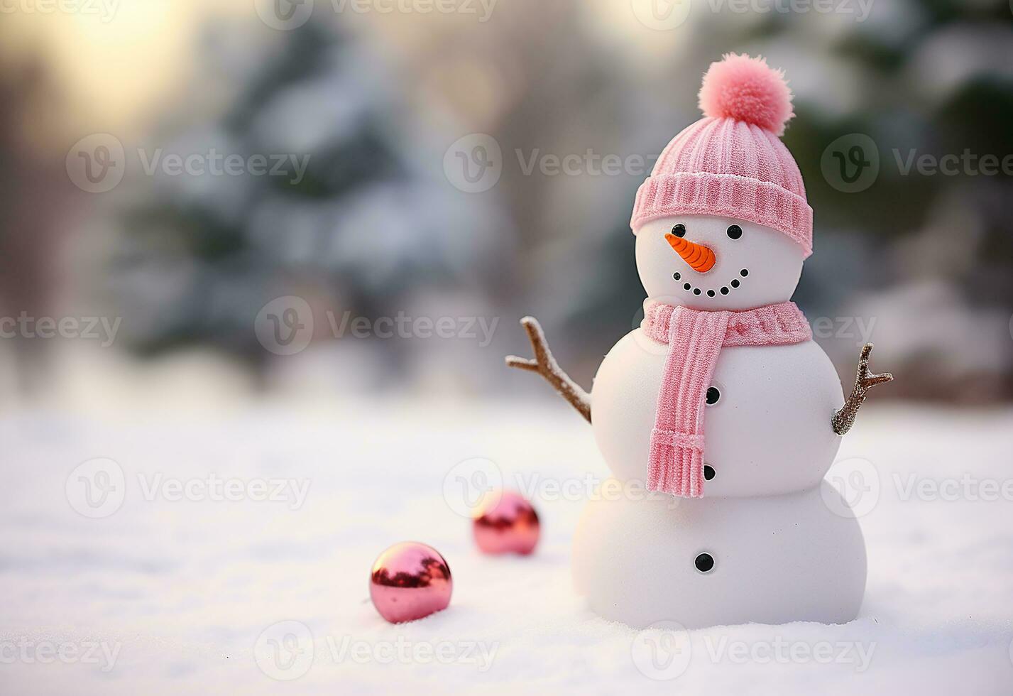 AI generated happy snowman in winter scenery at dusk with copy space photo