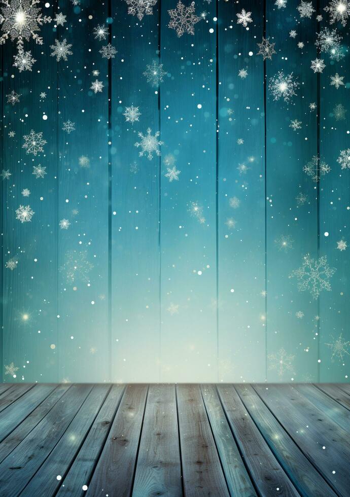 AI generated Merry christmas and happy new year greeting background with table. Winter landscape with snowflakes. Copyspace for text photo