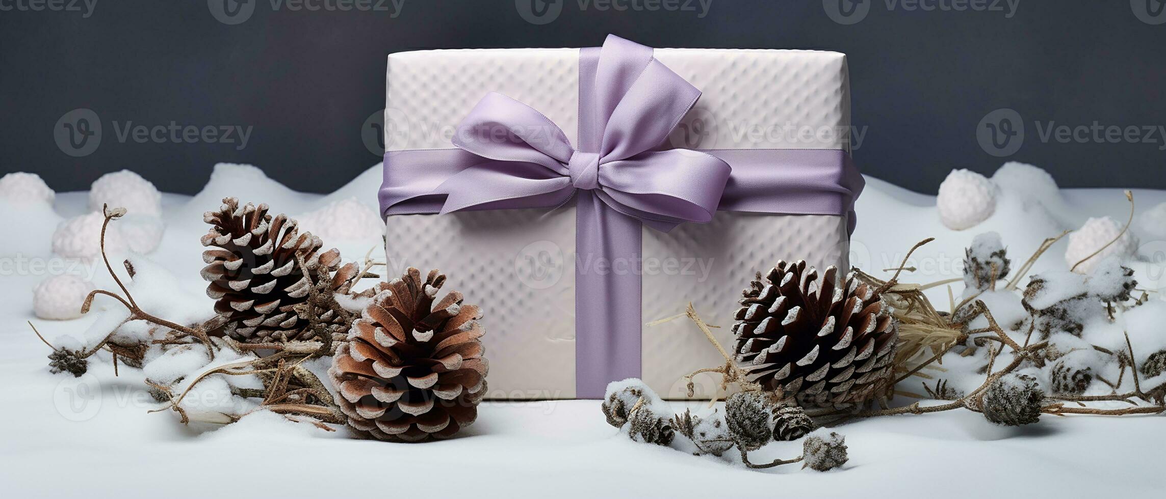 AI generated winter gift with purple ribbon with pinecones on a white background and snowflakes photo