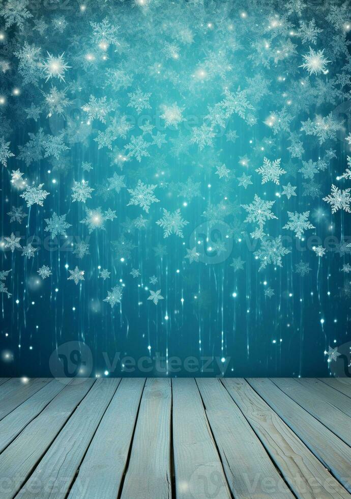 AI generated Merry christmas and happy new year greeting background with table. Winter landscape with snowflakes. Copyspace for text photo