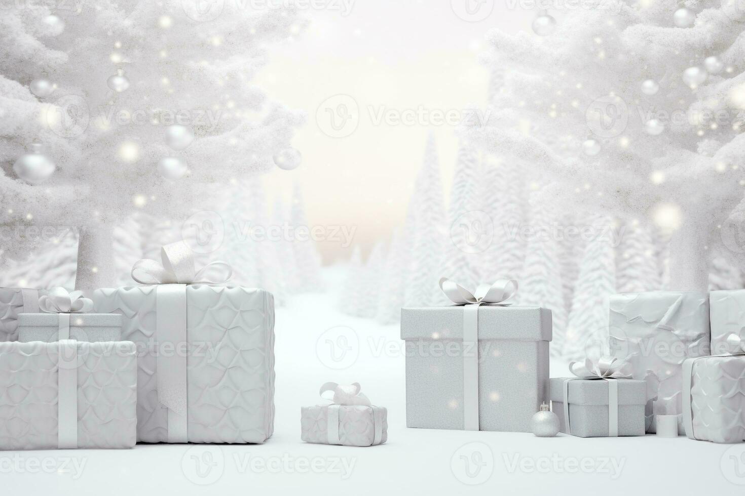 AI generated winter gift with a silver ribbon under a pine tree with a white background and snowflakes. HD Wallpaper photo