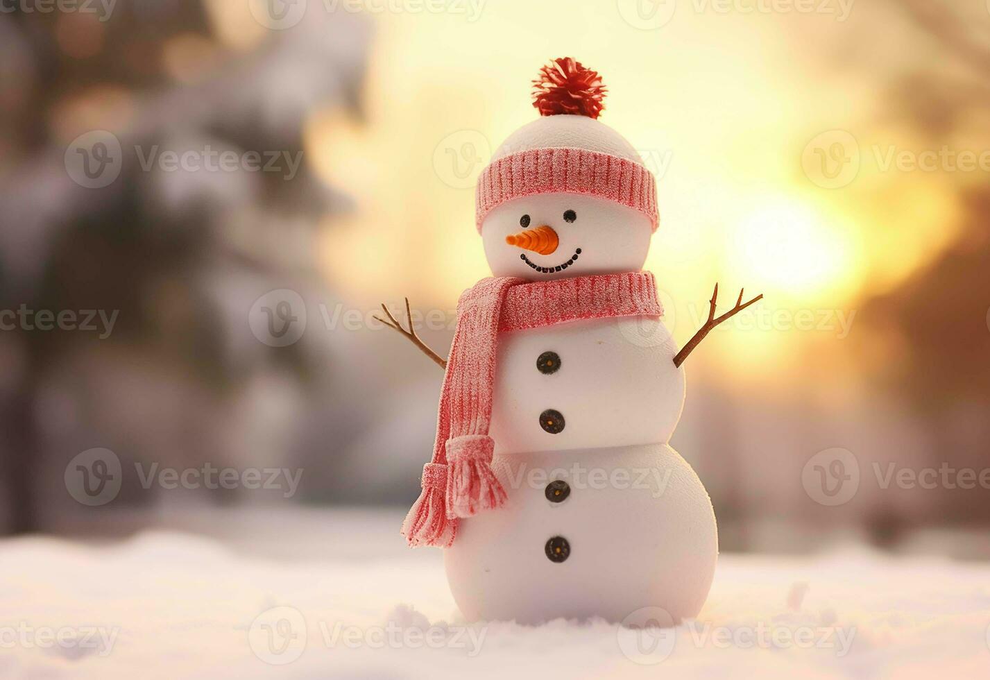 AI generated happy snowman in winter scenery at dusk with copy space photo