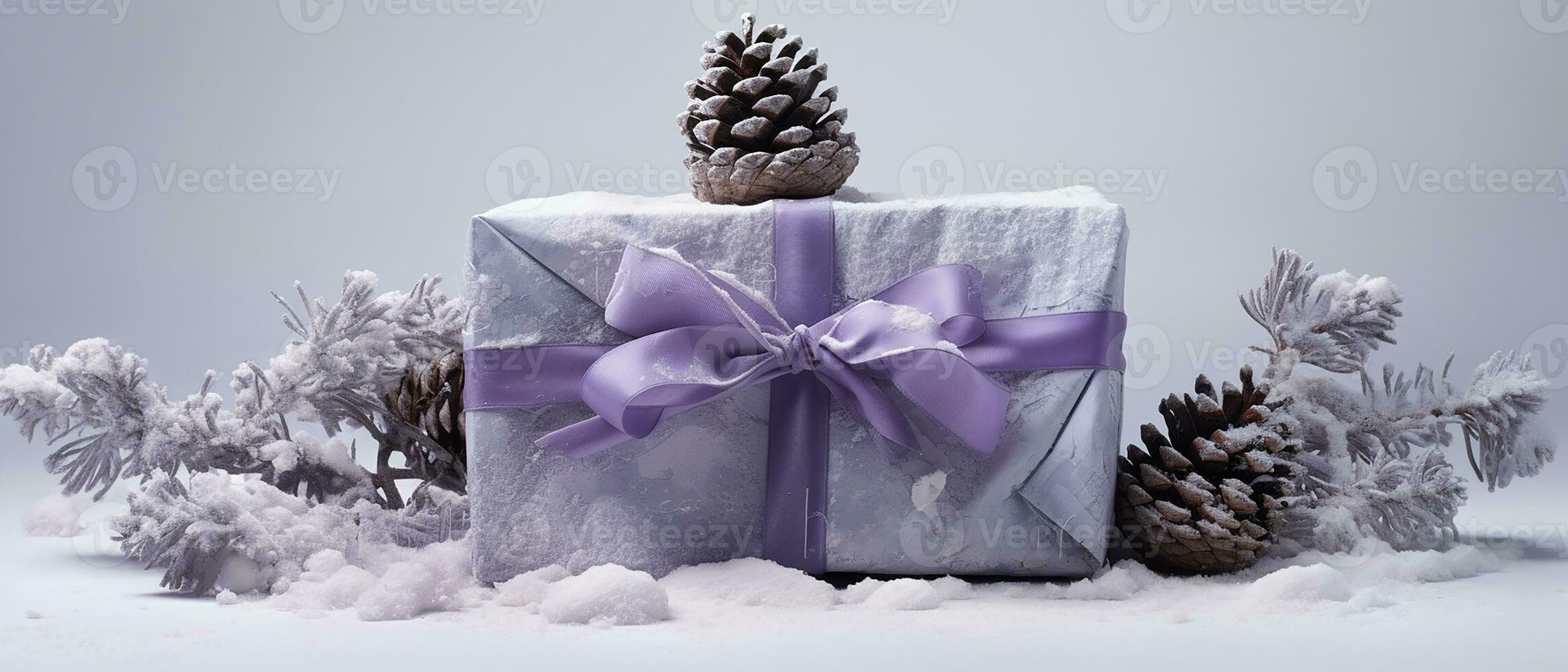 AI generated winter gift with purple ribbon with pinecones on a white background and snowflakes photo