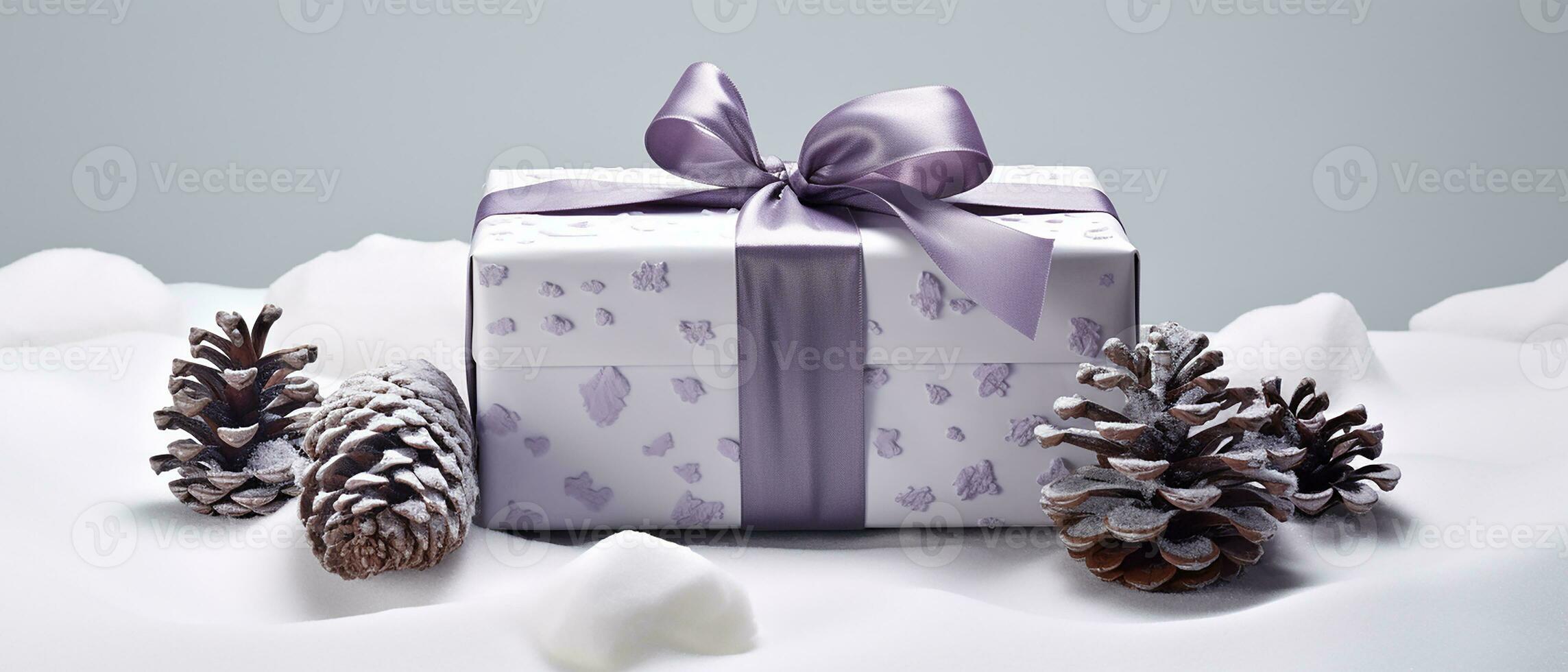 AI generated winter gift with purple ribbon with pinecones on a white background and snowflakes photo