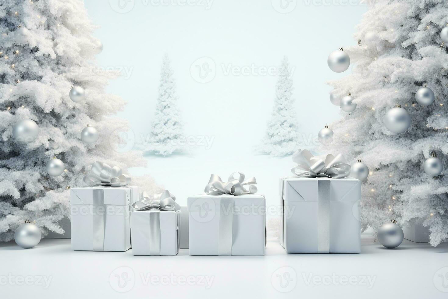 AI generated winter gift with a silver ribbon under a pine tree with a white background and snowflakes. HD Wallpaper photo