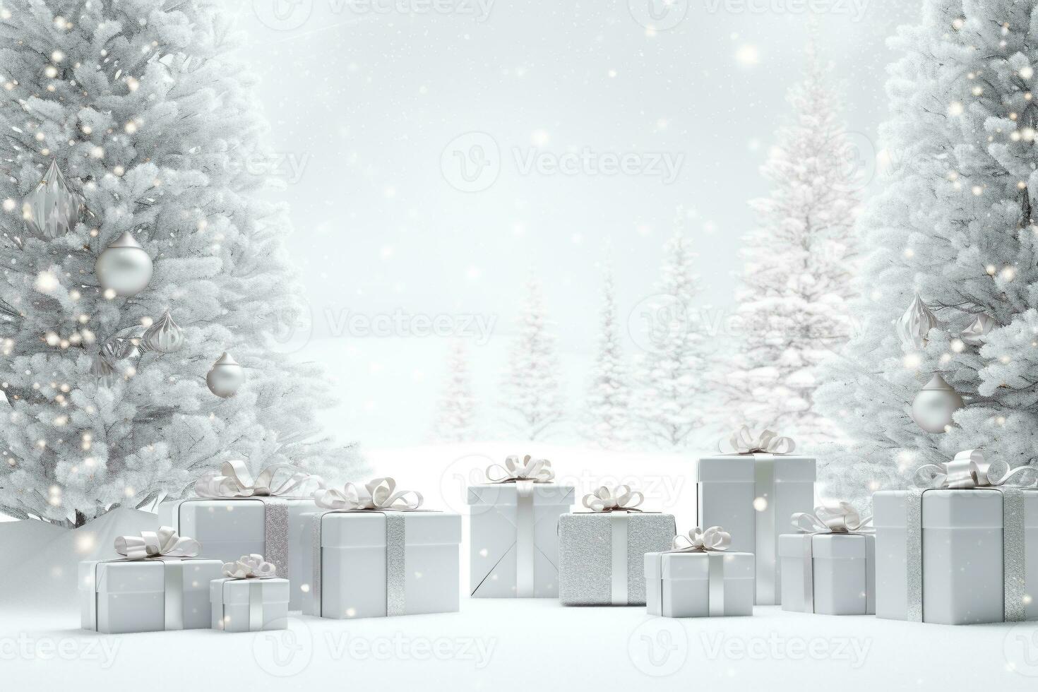 AI generated winter gift with a silver ribbon under a pine tree with a white background and snowflakes. HD Wallpaper photo