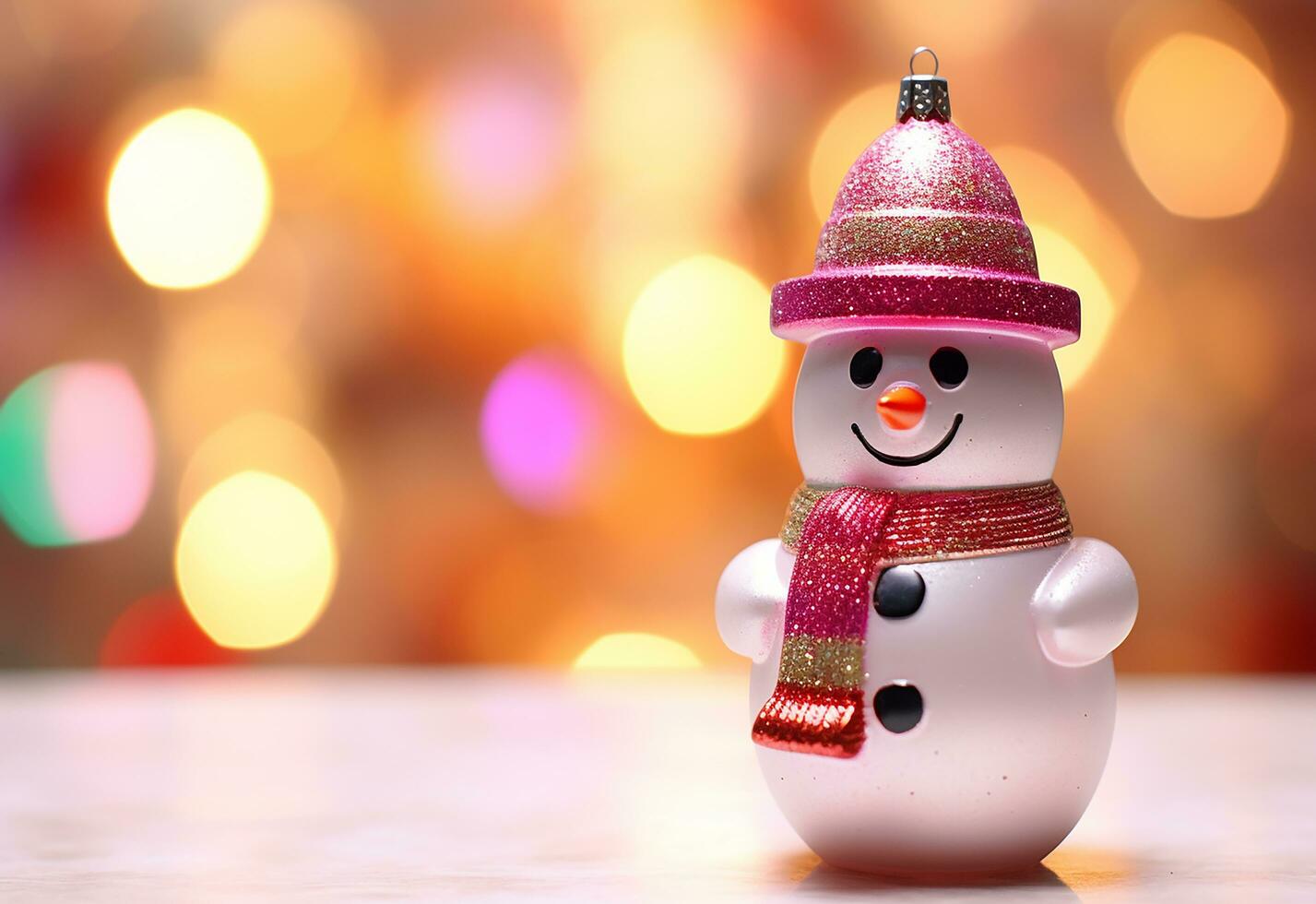 AI generated happy snowman in winter scenery at dusk with copy space photo