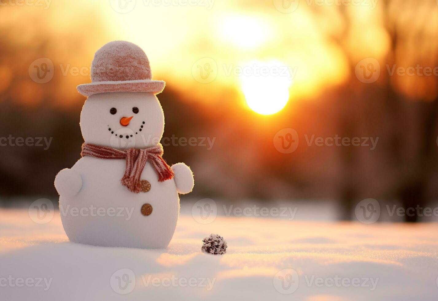 AI generated happy snowman in winter scenery at dusk with copy space photo