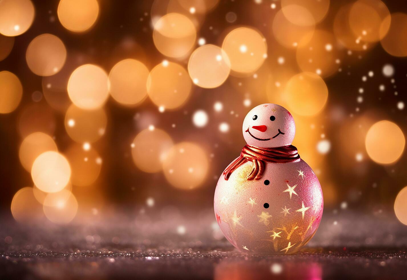 AI generated happy snowman in winter scenery at dusk with copy space photo