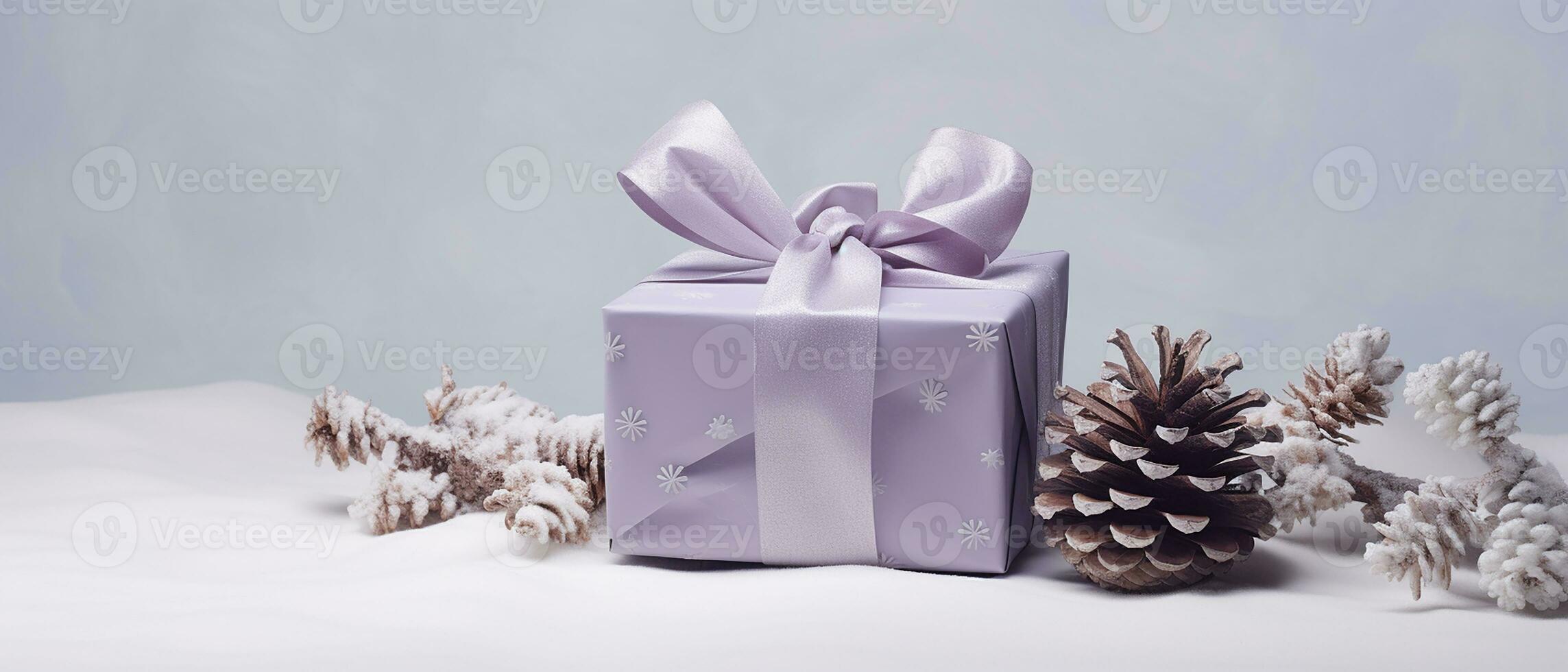 AI generated winter gift with purple ribbon with pinecones on a white background and snowflakes photo