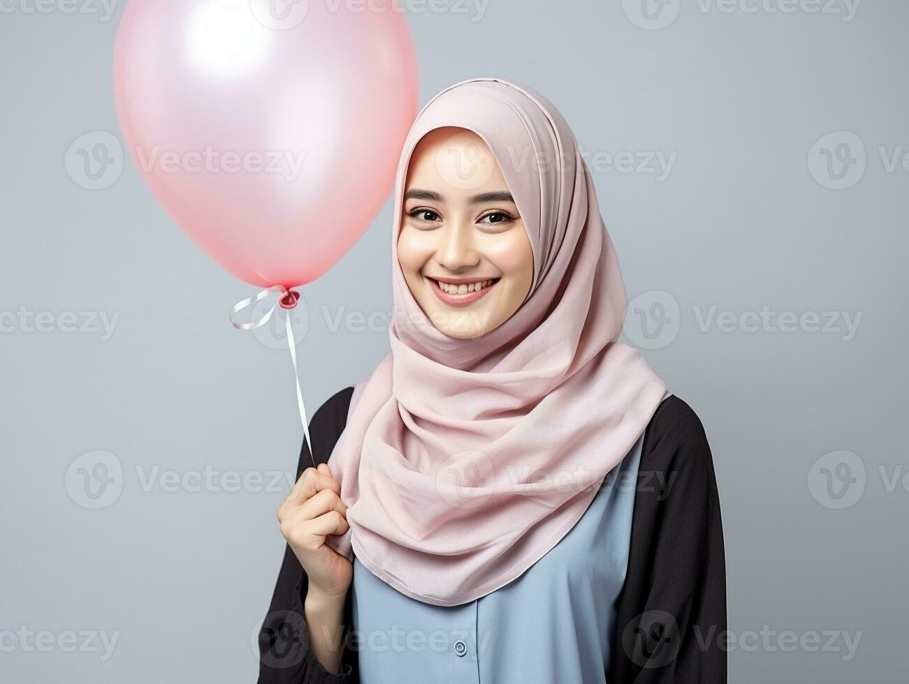 AI generated Hijab woman with pink balloon and smile isolated on grey background photo