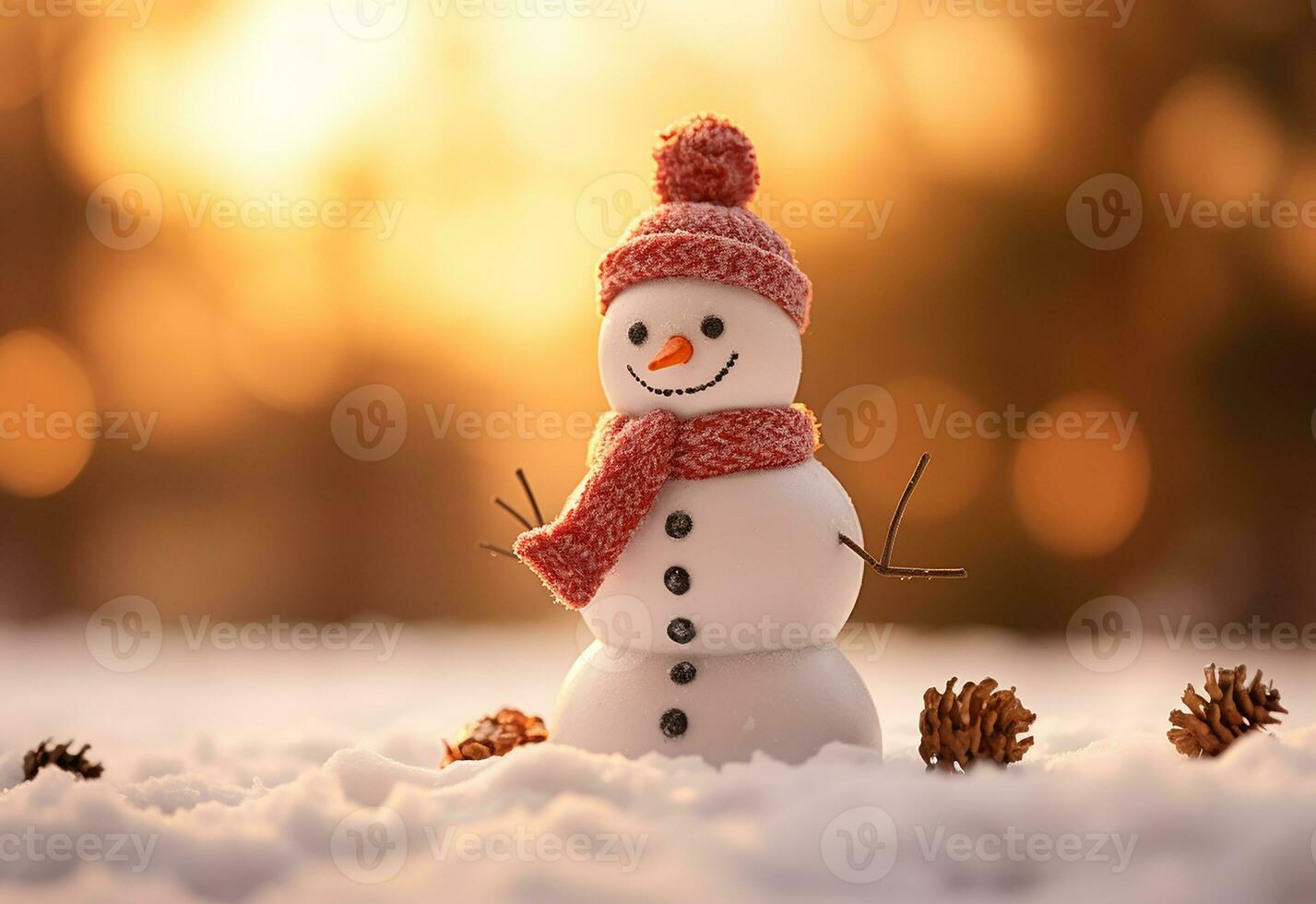 AI generated happy snowman in winter scenery at dusk with copy space photo