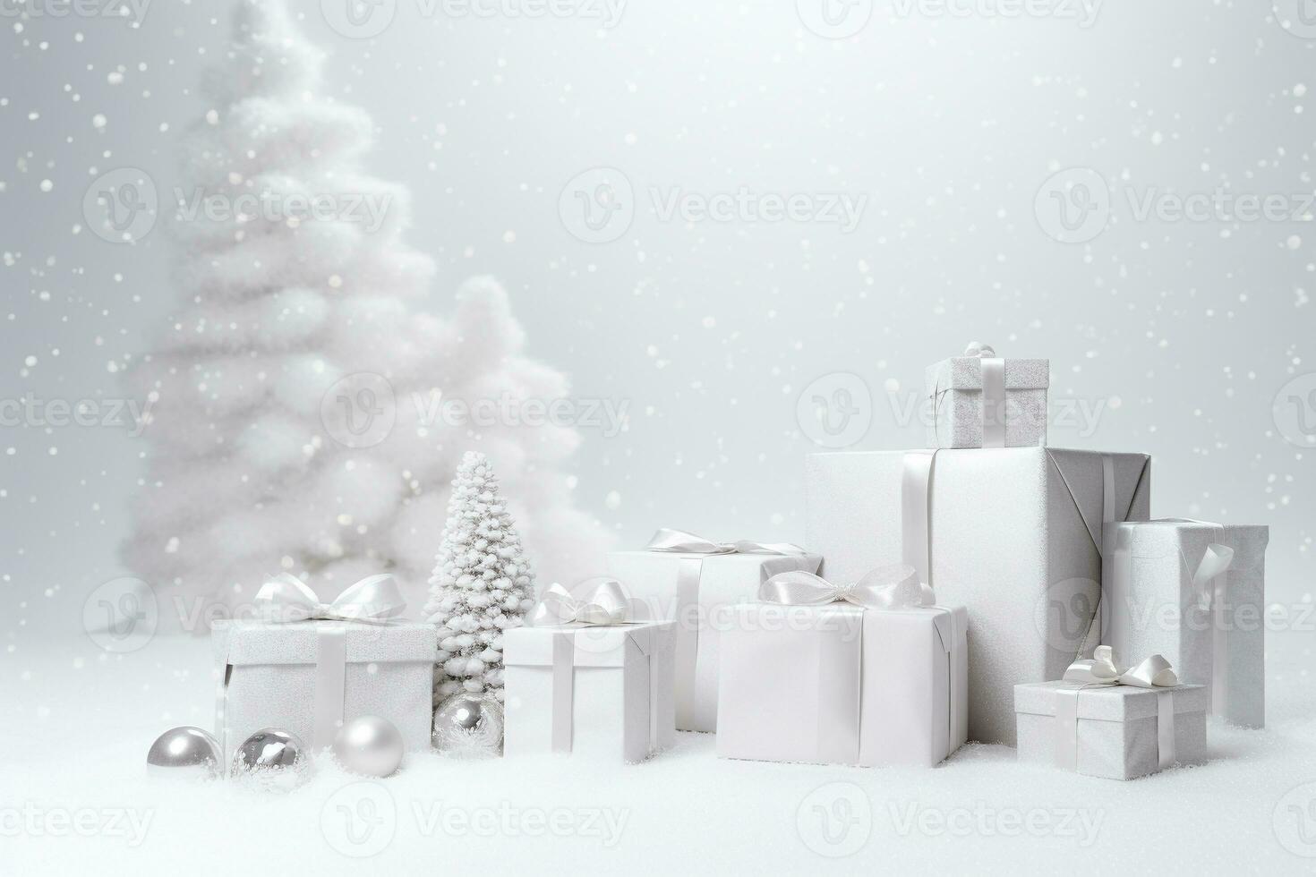 AI generated winter gift with a silver ribbon under a pine tree with a white background and snowflakes. HD Wallpaper photo