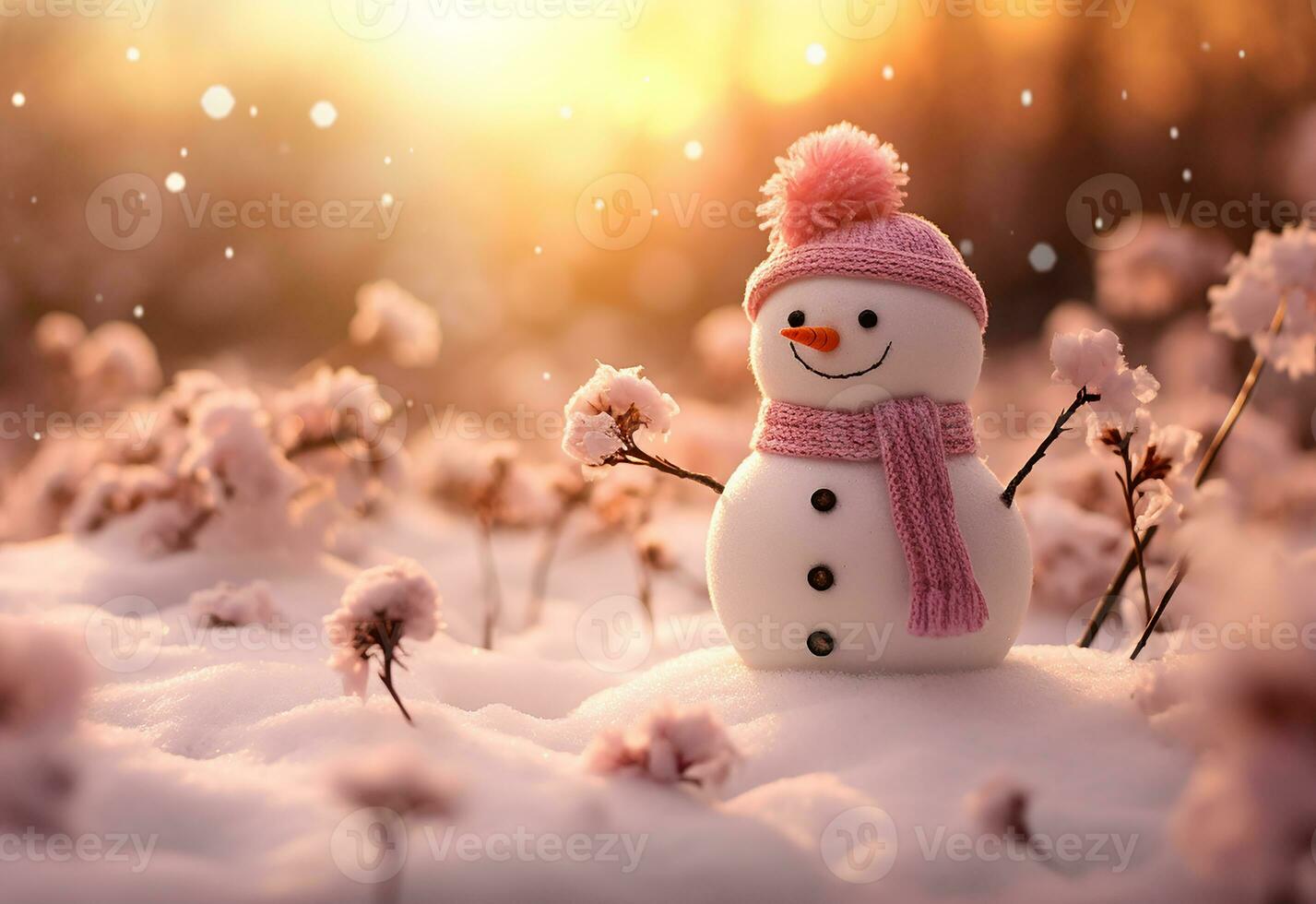 AI generated happy snowman in winter scenery at dusk with copy space photo