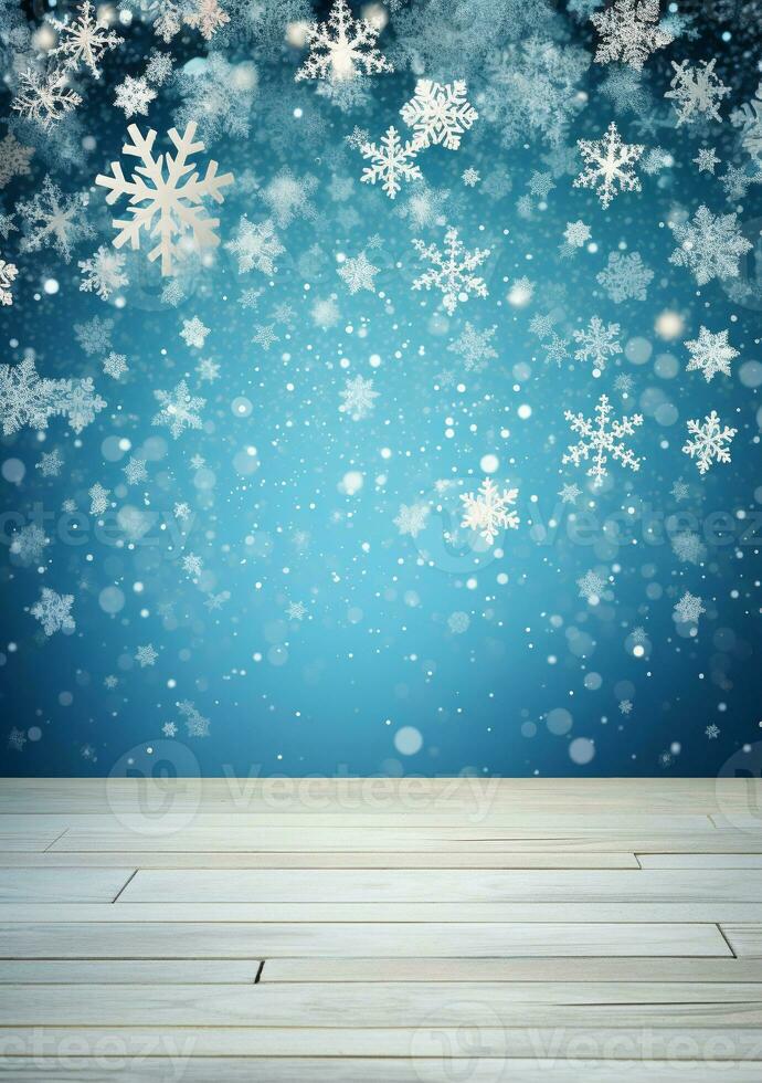 AI generated Merry christmas and happy new year greeting background with table. Winter landscape with snowflakes. Copyspace for text photo
