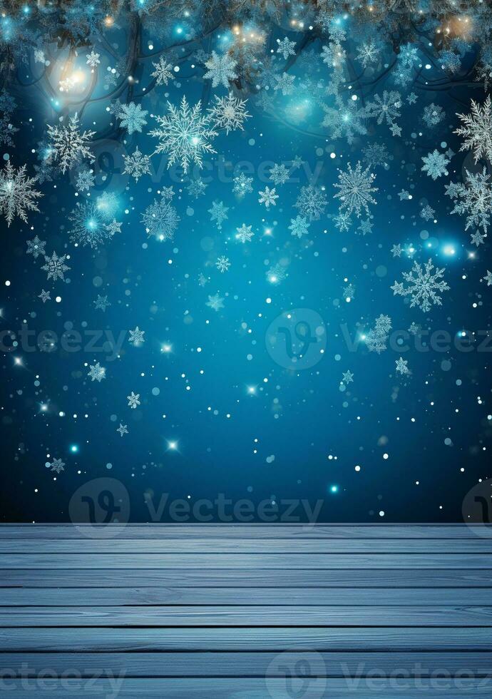 AI generated Merry christmas and happy new year greeting background with table. Winter landscape with snowflakes. Copyspace for text photo