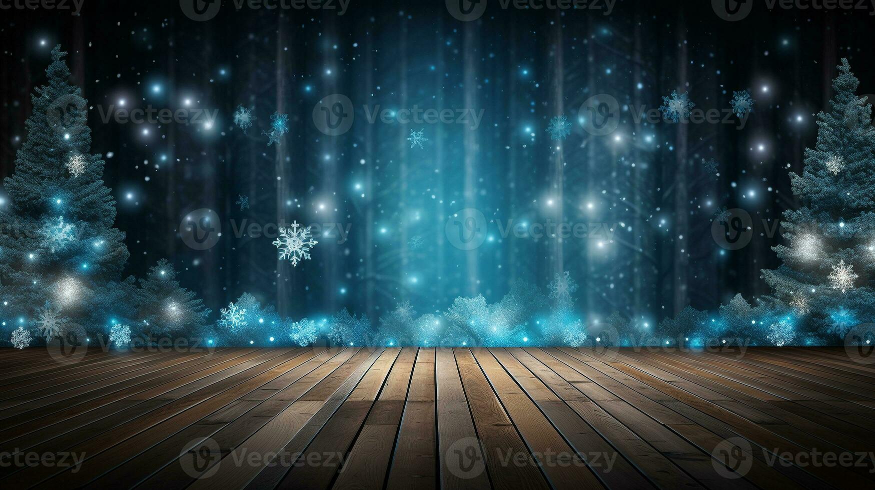 AI generated Merry christmas and happy new year greeting background with table. Winter landscape with snowflakes. Copyspace for text photo