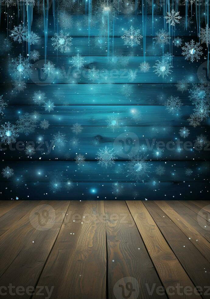 AI generated Merry christmas and happy new year greeting background with table. Winter landscape with snowflakes. Copyspace for text photo