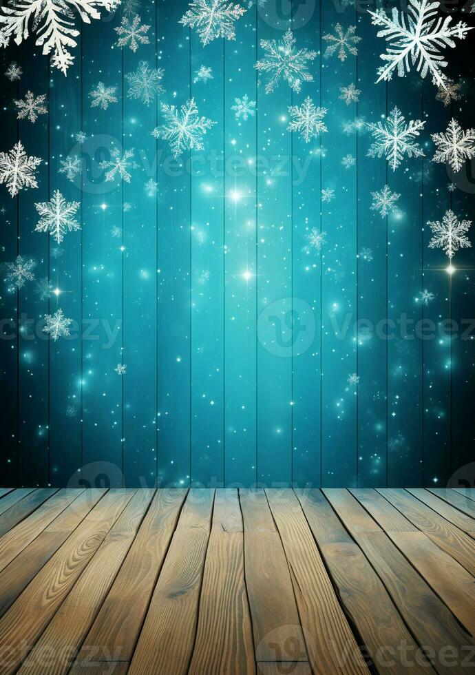 AI generated Merry christmas and happy new year greeting background with table. Winter landscape with snowflakes. Copyspace for text photo