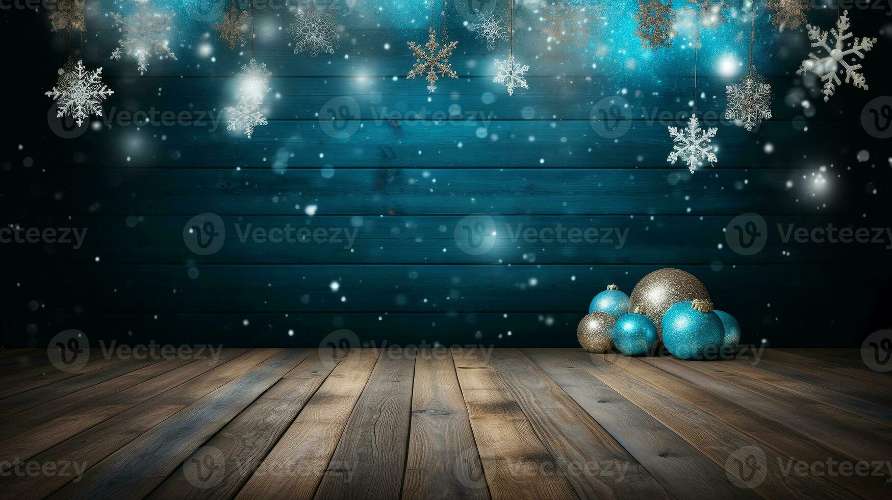 AI generated Merry christmas and happy new year greeting background with table. Winter landscape with snowflakes. Copyspace for text photo