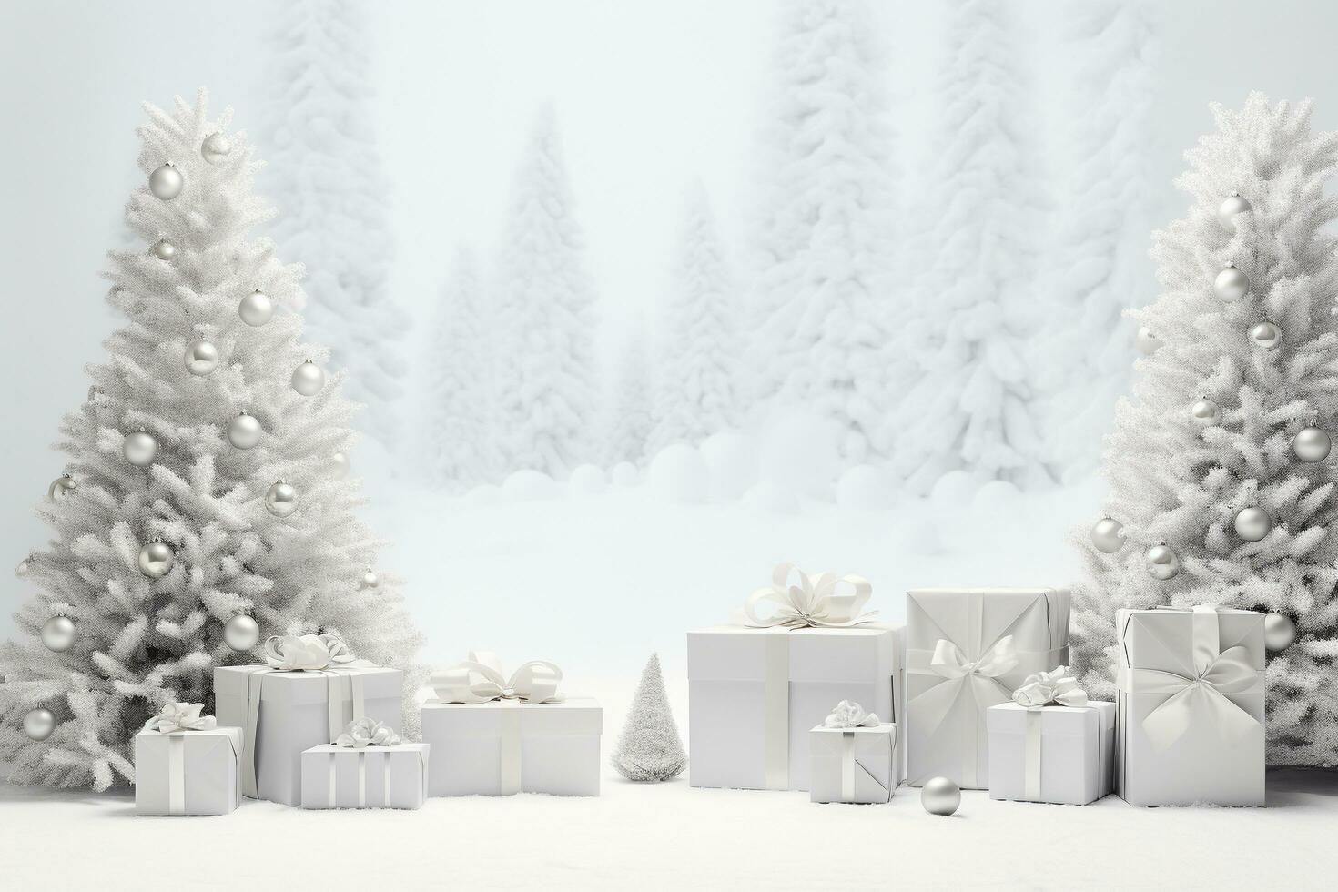 AI generated winter gift with a silver ribbon under a pine tree with a white background and snowflakes. HD Wallpaper photo